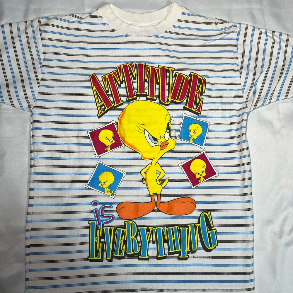 Vintage 1996 Tweety Bird Attitude Striped Graphic Tee Youth M Looney Tunes Retro